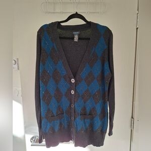 Dex Women's Gray & Teal Argyle Cotton/Viscose Longline Cardigan (Size 1X)